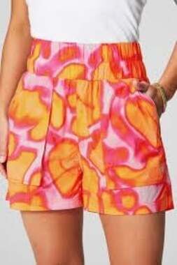 Fabletics Ultra High-Waisted Piped Nylon Shorts in Abstract Pink Orange Print